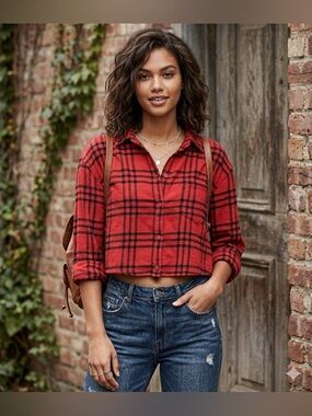 PINK Victoria's Secret Red Black Plaid Cropped Button-Down Shirt